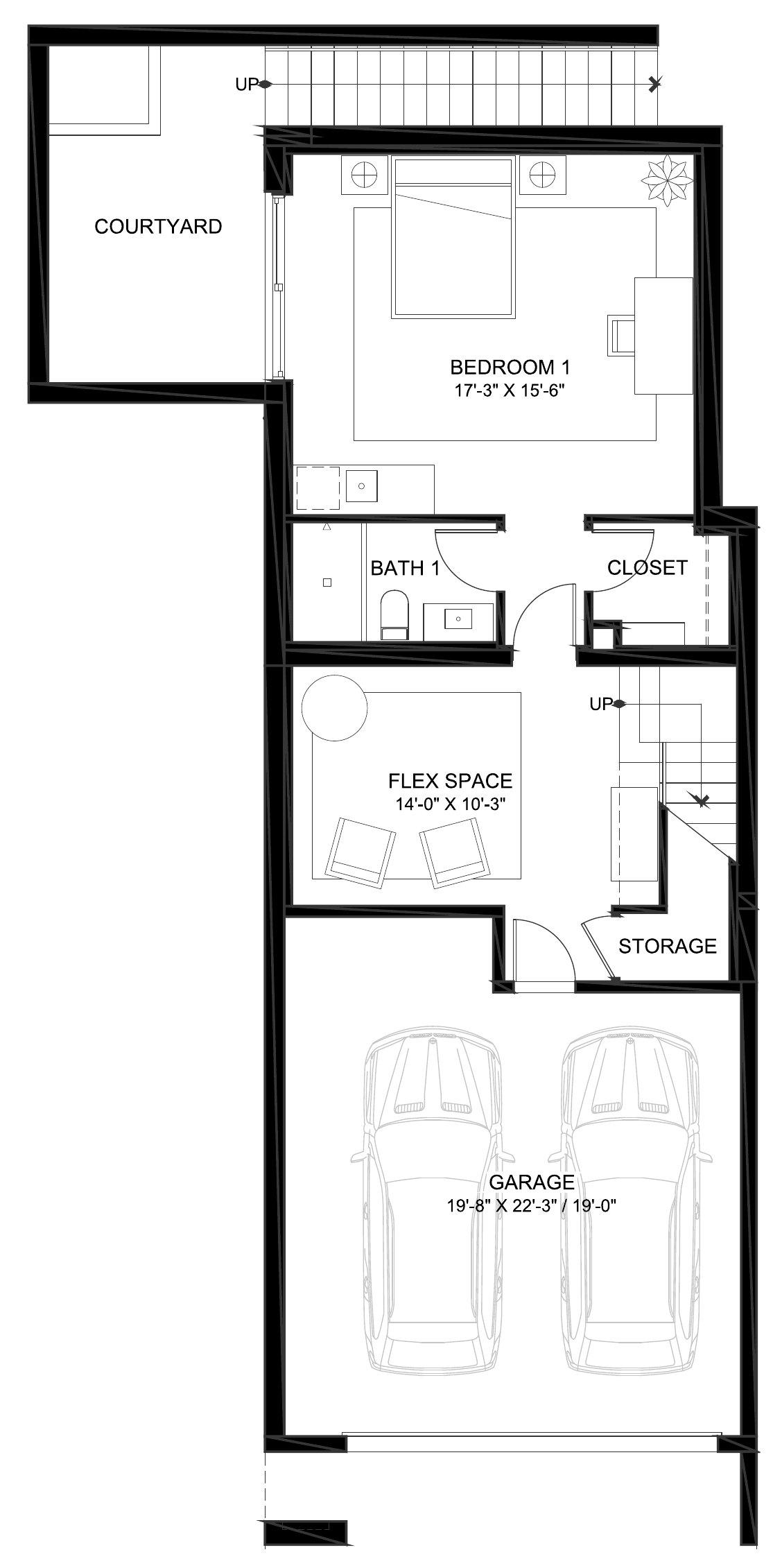 929 Hilldale Avenue, West Hollywood, CA 90069: Lower level floor plan, Bedroom one, flex space & two-car garage