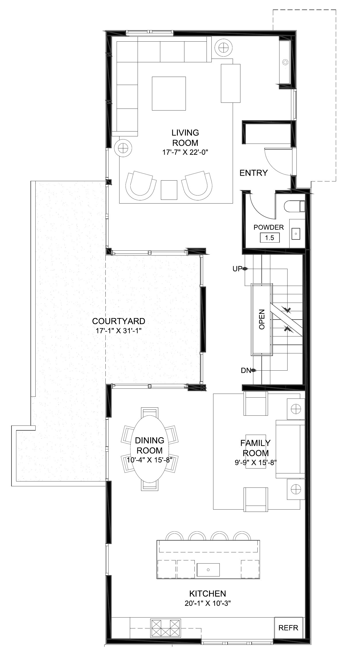 929 Hilldale Avenue, West Hollywood, CA 90069: Main level floor plan, Living, dining, family room & kitchen